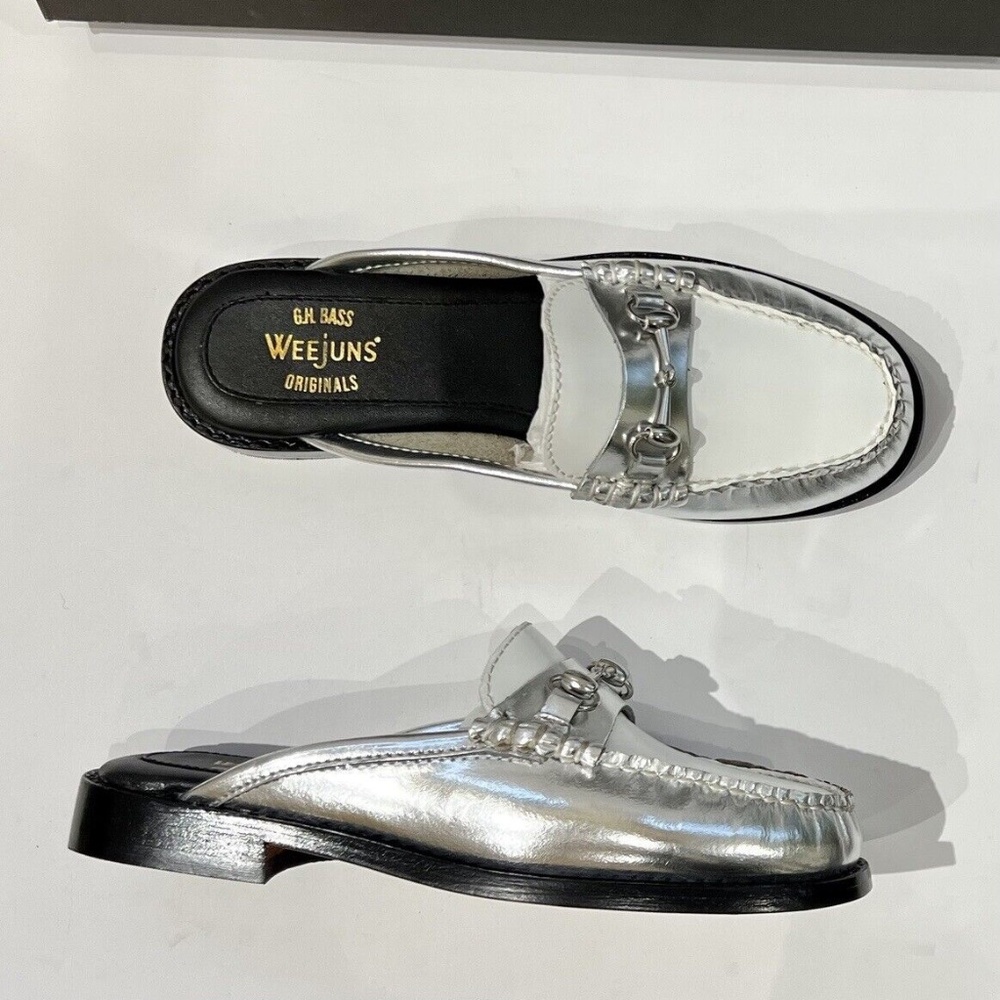 NEW G. H. BASS WEEJUNS LIANNA MULE LEATHER WOMEN'S SLIP ON CLOG SILVE/WHITE NIB